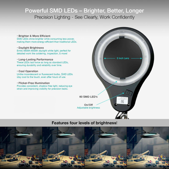 ESD 6 Diopter (2.5X) LED Magnifying Lamp with Clamp - 5-inch Glass Lens and Flip Cover