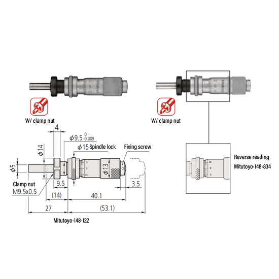 0-0.50″ Mechanical Micrometer Head Graduation 0.001″ 0.5" Flat with Clamp Nut Mechanical Micrometer Head (with Spindle Lock, Thimble Diameter: Dia. 13mm, Reverse Reading) Mitutoyo-148-834