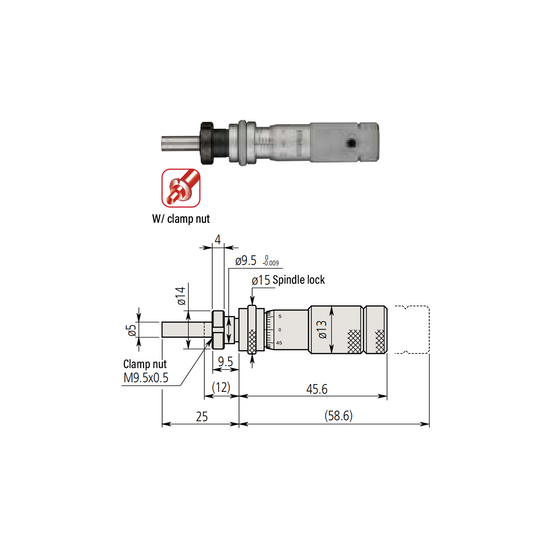 0-0.50″ Mechanical Micrometer Head Graduation 0.001″ 0.5" Flat with Clamp Nut Zero-Adjustable Mechanical Micrometer Head (with Spindle Lock, Thimble Diameter: Dia. 13mm) Mitutoyo-148-502