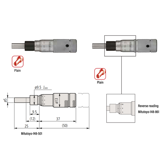 0-0.50″ Mechanical Micrometer Head Graduation 0.001″ 0.5" Flat Zero-Adjustable Mechanical Micrometer Head (Thimble Diameter: Dia. 13mm, Reverse Reading) Mitutoyo-148-861