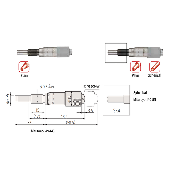 0-0.60″ Mechanical Micrometer Head Graduation 0.001″ 0.6" Spherical Zero-Adjustable Mechanical Micrometer Head (Thimble Diameter: Dia. 15mm) Mitutoyo-149-811