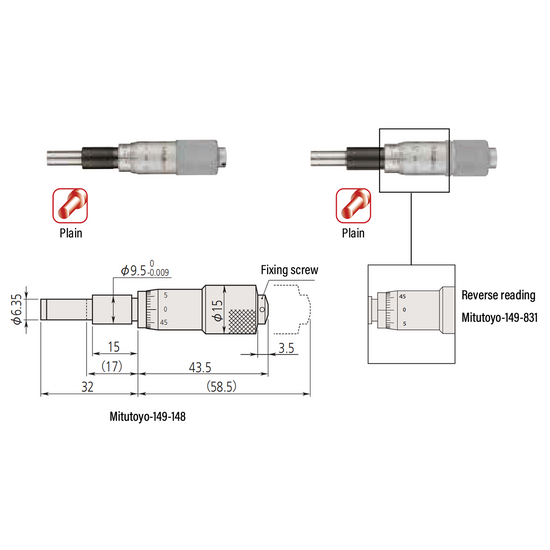 0-0.60″ Mechanical Micrometer Head Graduation 0.001″ 0.6" Flat Zero-Adjustable Mechanical Micrometer Head (Thimble Diameter: Dia. 15mm, Reverse Reading) Mitutoyo-149-831