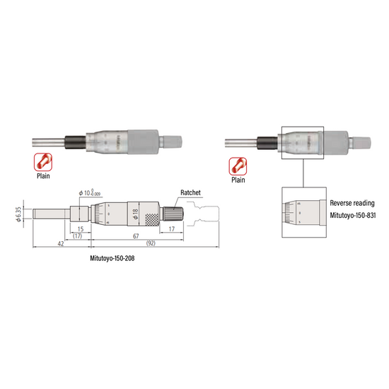 0-1″ Mechanical Micrometer Head Graduation 0.001″ 1" Flat Mechanical Micrometer Head (Thimble Diameter: Dia. 18mm, Reverse Reading) Mitutoyo-150-831