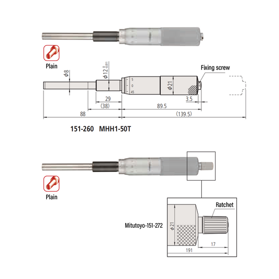 0-0.50″ 2" Flat Mechanical Micrometer Head (Thimble Diameter: Dia. 21mm, Spindle Diameter: Dia. 8mm) Mitutoyo-151-272