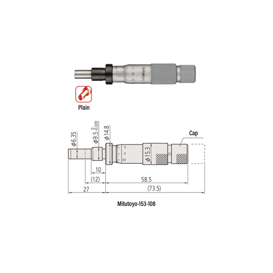 0-0.50″ 0.5" Flat Mechanical Micrometer Head (Thimble Diameter: Dia. 15.3mm, Spindle Diameter: Dia. 8mm) Mitutoyo-153-108