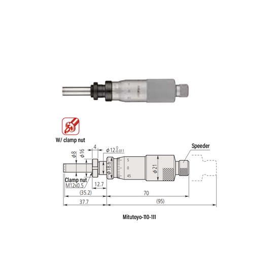 0-0.05″ Mechanical Micrometer Head Graduation 0.00005″ 0.05" Flat Mechanical Micrometer Head (Thimble Diameter: Dia. 21mm, Spindle Diameter: Dia. 8mm) Mitutoyo-110-111