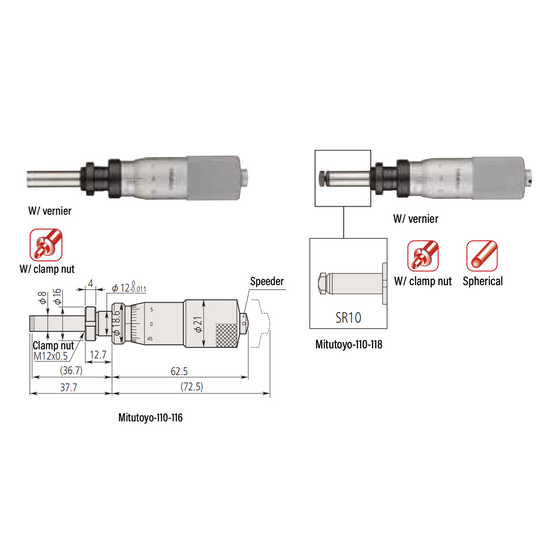 0-0.02″ Mechanical Micrometer Head Graduation 0.000005″  0.02" Spherical (SR10) with Clamp Nut Extra-Fine Feeding Mechanical Micrometer Head (Thimble Diameter: Dia. 21mm, Spindle Diameter: Dia. 8mm, W/Vernier) Mitutoyo-110-118