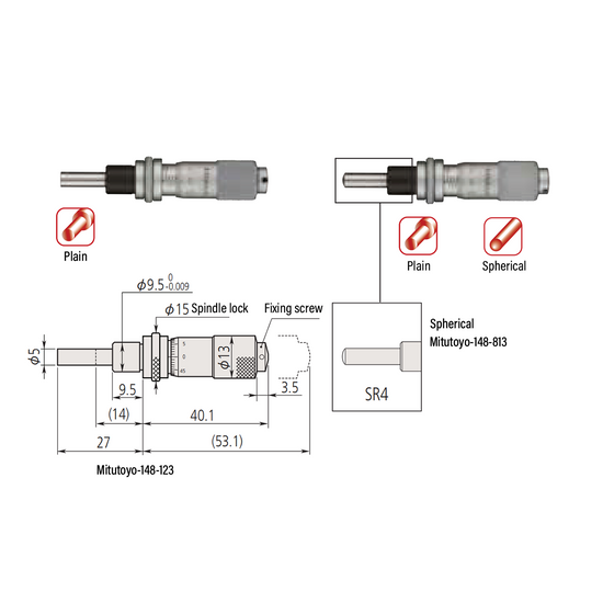 0-0.50″ Mechanical Micrometer Head Graduation 0.001″ 0.5" Spherical Mechanical Micrometer Head (with Spindle Lock, Thimble Diameter: Dia. 13mm) Mitutoyo-148-813-10 0-0.50″ Mechanical Micrometer Head Graduation 0.001″ 0.5" Spherical Mechanical Micrometer Head (with Spindle Lock, Thimble Diameter: Dia. 13mm) Mitutoyo-148-813-10