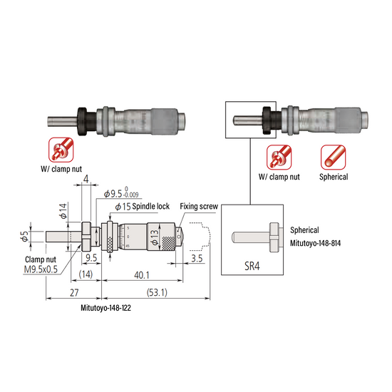 0-0.50″ Mechanical Micrometer Head Graduation 0.001″ 0.5" Spherical with Clamp Nut Mechanical Micrometer Head (with Spindle Lock, Thimble Diameter: Dia. 13mm) Mitutoyo-148-814-10 0-0.50″ Mechanical Micrometer Head Graduation 0.001″ 0.5" Spherical with Clamp Nut Mechanical Micrometer Head (with Spindle Lock, Thimble Diameter: Dia. 13mm) Mitutoyo-148-814-10