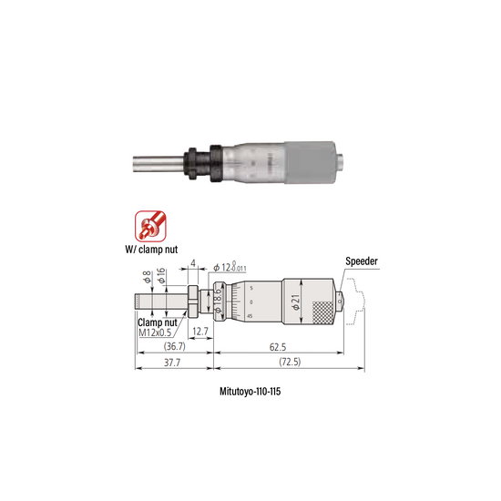 0-0.02″ Mechanical Micrometer Head Graduation 0.00005″ 0.02" Flat with Clamp Nut Extra-Fine Feeding Mechanical Micrometer Head (Thimble Diameter: Dia. 21mm, Spindle Diameter: Dia. 8mm) Mitutoyo-110-115-10