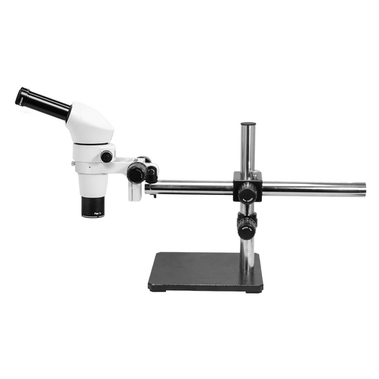 8X-80X Widefield Parallel Zoom Stereo Microscope, Binocular, Single Arm Boom Stand, Siedentopf 0-35° Viewing Angle