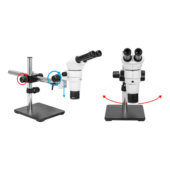 8X-80X Widefield Parallel Zoom Stereo Microscope, Binocular, Single Arm Boom Stand, Siedentopf 0-35° Viewing Angle