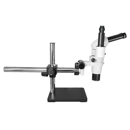 8X-80X Widefield Parallel Zoom Stereo Microscope, Trinocular, Single Arm Boom Stand + Single Port Photo/Video Beam Splitter, Compensating 20° Viewing Angle