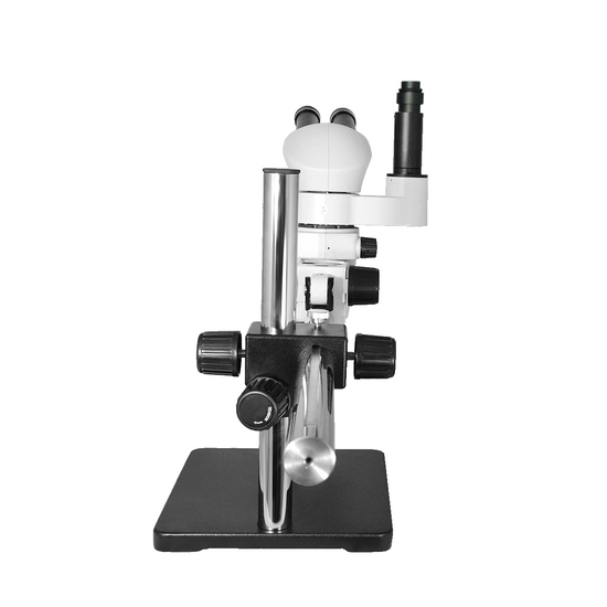 8X-80X Widefield Parallel Zoom Stereo Microscope, Trinocular, Single Arm Boom Stand + Single Port Photo/Video Beam Splitter, Compensating 20° Viewing Angle