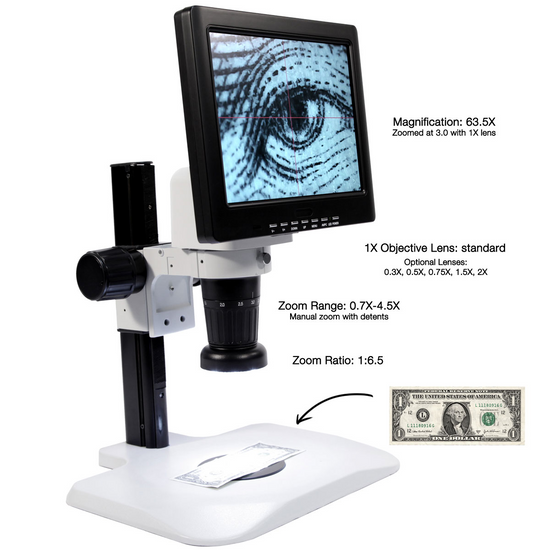 LED Video Microscope, LCD 10 in. Monitor, Industrial Inspection, Track Stand LED Video Microscope, LCD 10 in. Monitor, Industrial Inspection, Track Stand