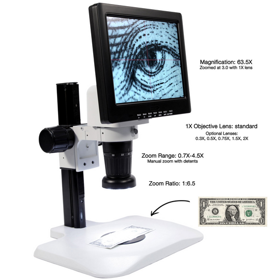 LED Video Microscope, LCD 10 in. Monitor, Industrial Inspection, Track Stand