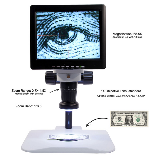 LED Video Microscope, LCD 10 in. Monitor, Industrial Inspection, Track Stand LED Video Microscope, LCD 10 in. Monitor, Industrial Inspection, Track Stand