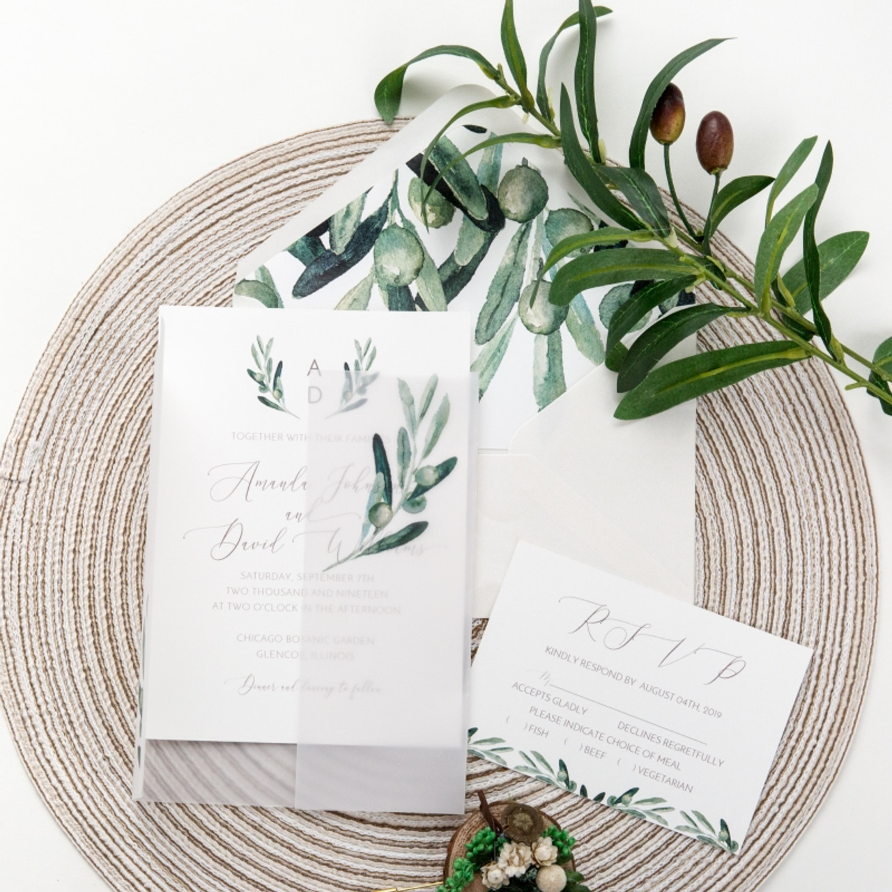 Greenery Botanical Monogram Vellum Paper Pocket Wedding Invitation