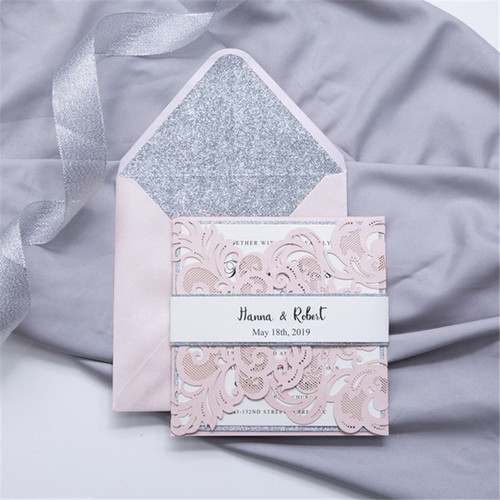 Gorgeous Lace Pocket Laser Cut Wedding Invitation Suite - includes invitation, invitation pocket, RSVP cards & envelopes.  Belly band & envelope liner optional.