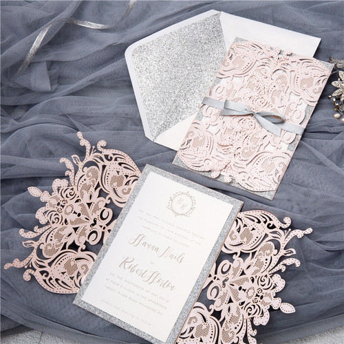 Gorgeous King of Lasers Laser Cut Wedding Invitation Suite - Invitation, Laser Cut Pocket, RSVP Card & Envelopes - Ribbon Embellishment Optional