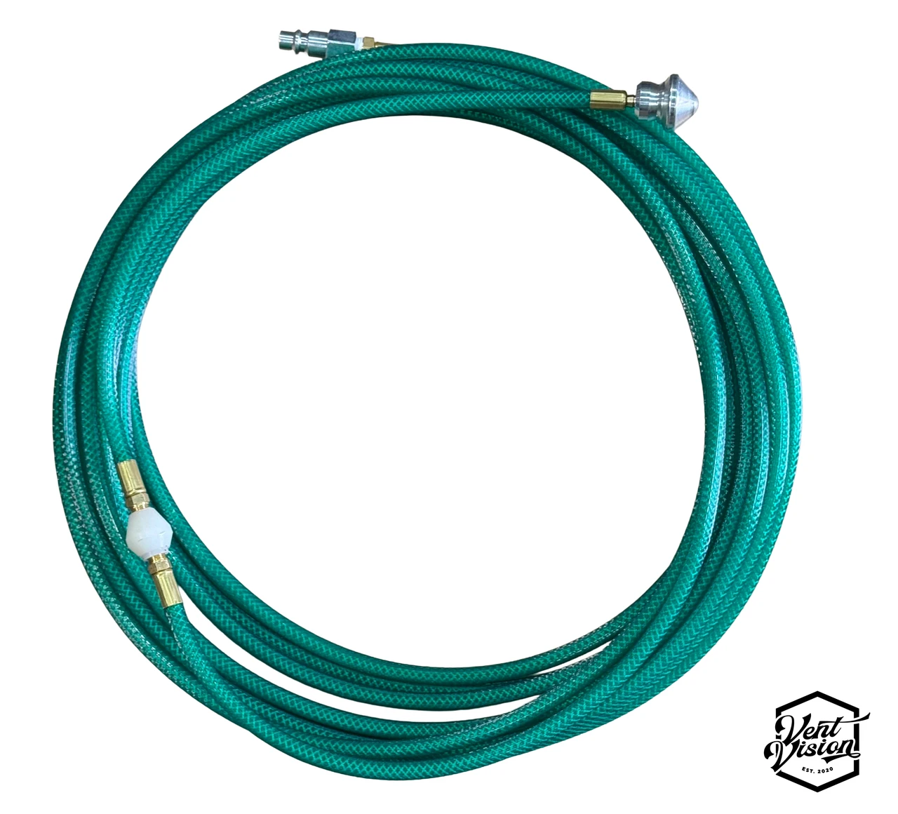 Flying Tiger 2.0 green cleaning hose with spinner head, white booster ball, and air connection
