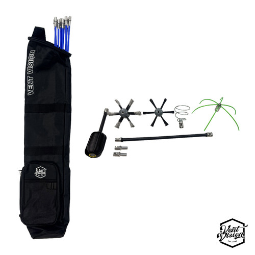 Vent Vision 30' Dryer Vent Cleaning Rod Kit — carrying bag with 5/16" flex rods, drill adapter, wire and nylon brushes, spring lead, and missile whip clog buster