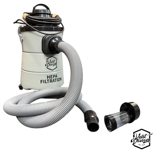 Vent Vision LintVac One HEPA dryer vent cleaning vacuum with upgraded 2-inch hose and Vac Vision Mini adapter pictured beside it.