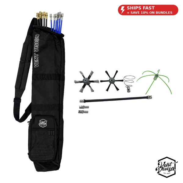 Vent Vision 2.0 40 foot dryer vent cleaning kit with blue and black rods and carrying bag