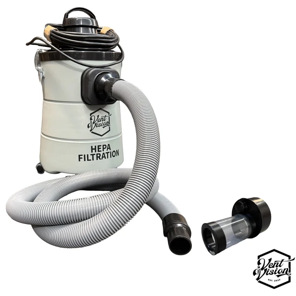 Vent Vision LintVac One HEPA dryer vent cleaning vacuum with upgraded 2-inch hose and Vac Vision Mini adapter pictured beside it.