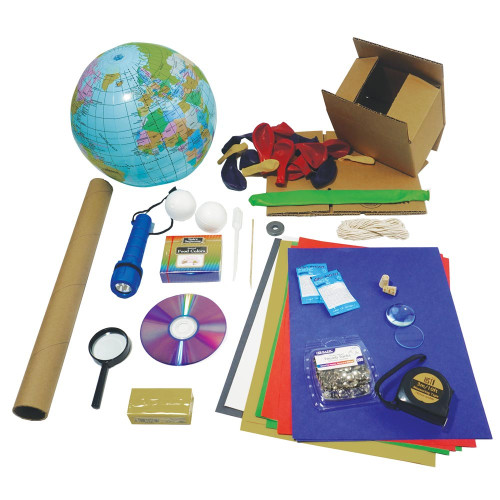 Image of Apologia Astronomy Lab Kit contents: pipet, clay, balloons, modeling clay, flashlight, blank CD, double convex lens