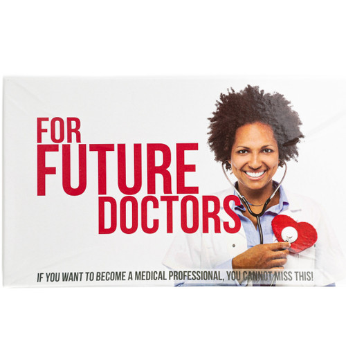 The booklet that accompanies the kit has an image of a female doctor with a stethoscope. She is holding it to a fake heart pinned to her doctor jacket. The text overlaying the image reads "For Future Doctors. If you want to become a medical professional, you cannot miss this!" 