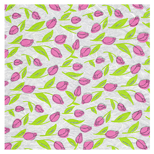 Black Ink Tiny Tulips Paper  Pink/Green/Silver on White 25x37 - (1000084887)