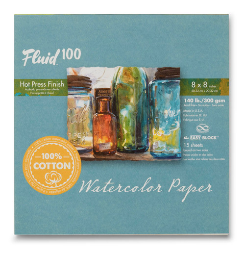 Fluid 100 Watercolor Paper 140  lb. Hot Press 8x8in Block - (200019013)