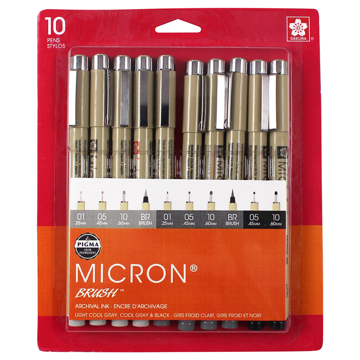 Sakura Pigma Micron Pen 10 Piece Set Gray and Black Assorted Nibs