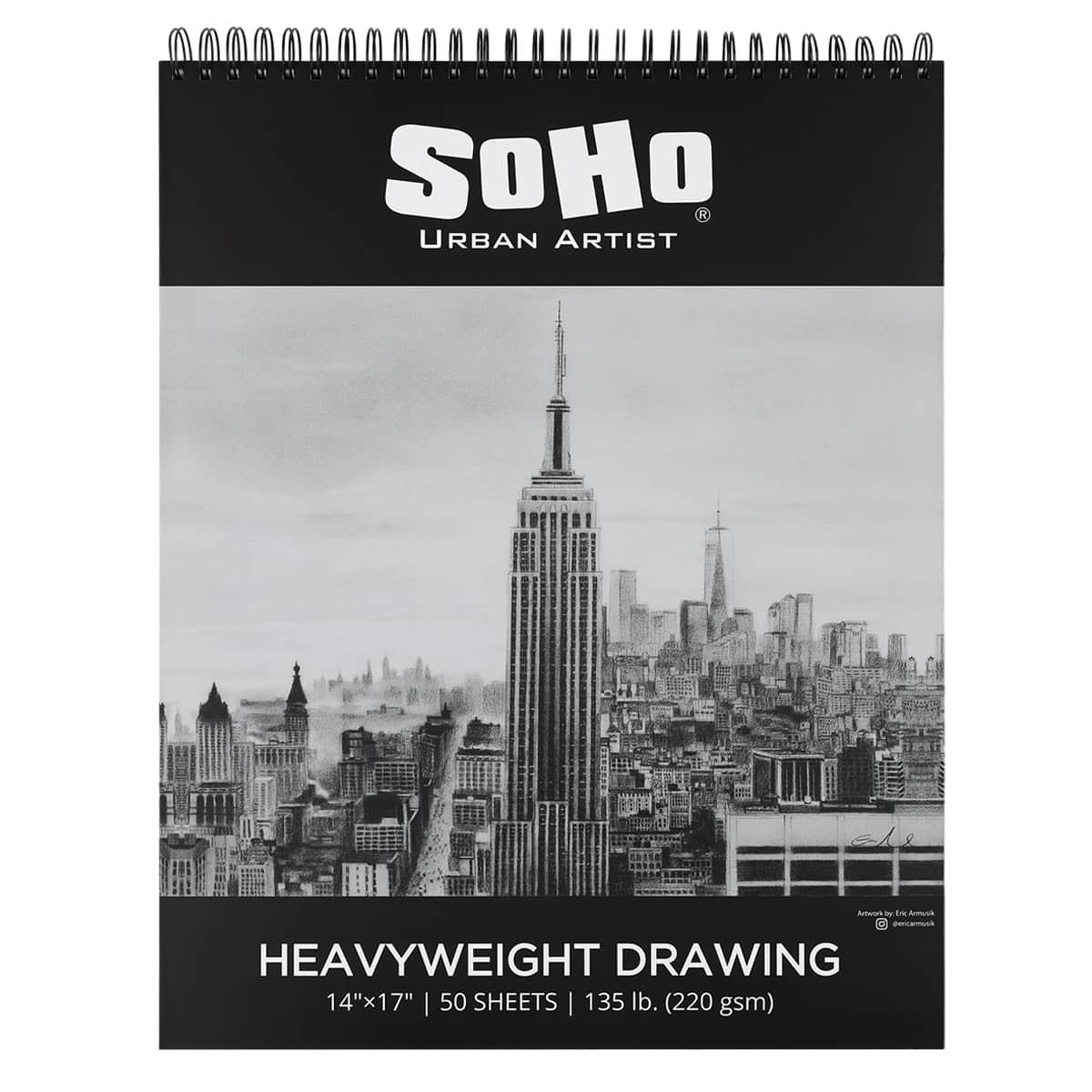 SoHo Heavy Drawing Paper 135 lb. Hard Cover Double-Wire Spiral Pad 14X17