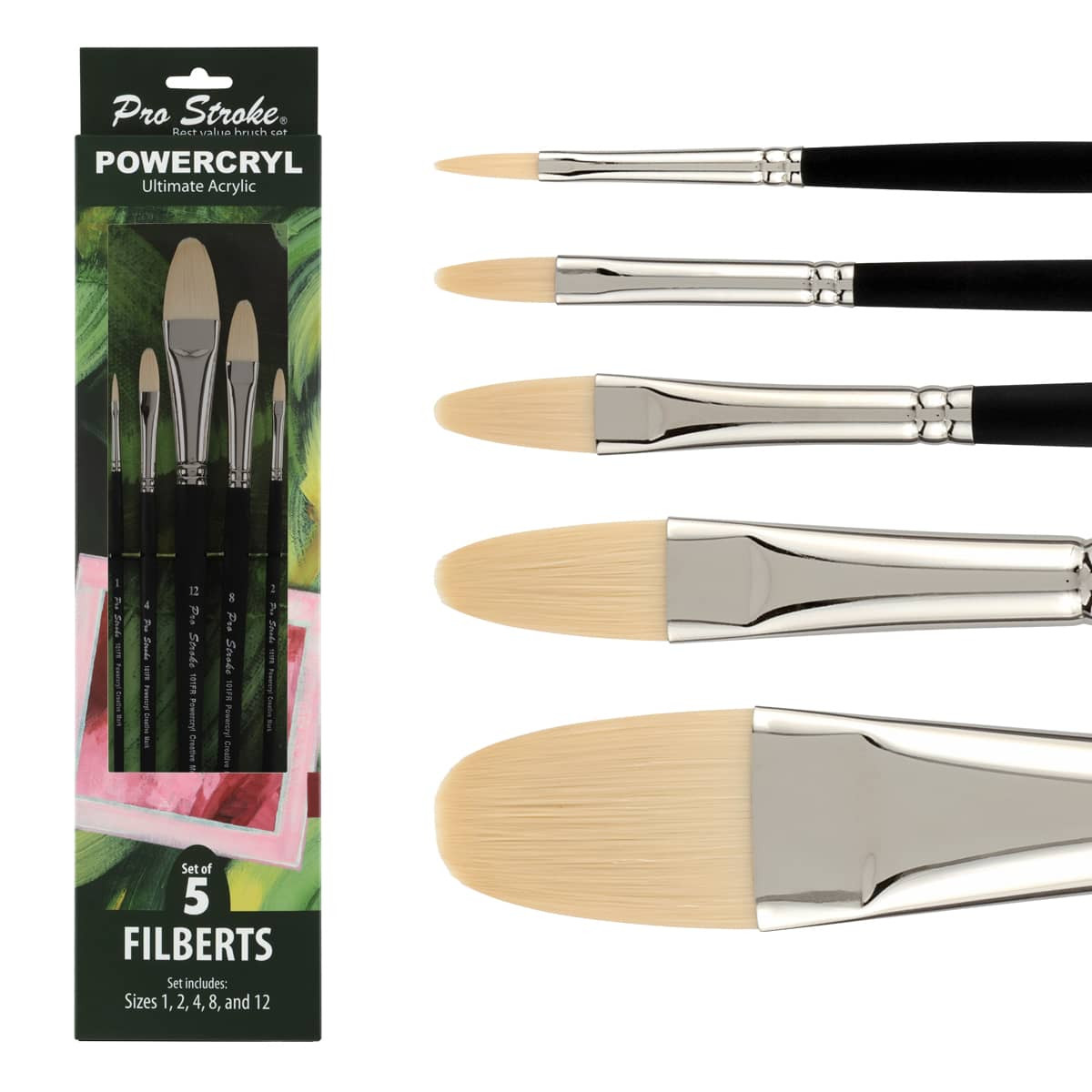 Pro Stroke Powercryl Synthetic Brush Value Set of 5 Filberts
