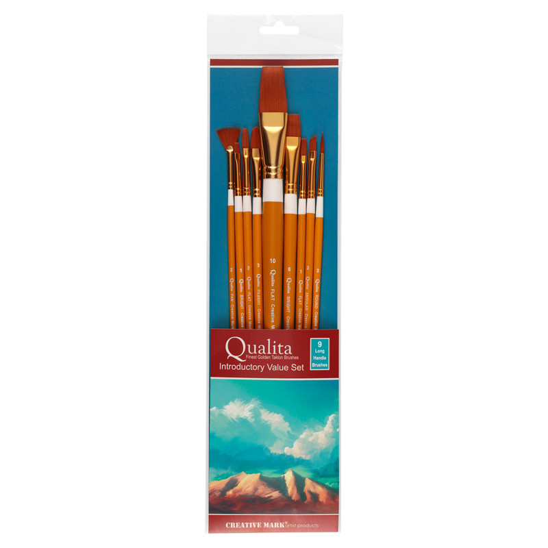 Qualita Golden Taklon Long Handle Brush Introductory Value 9 Set