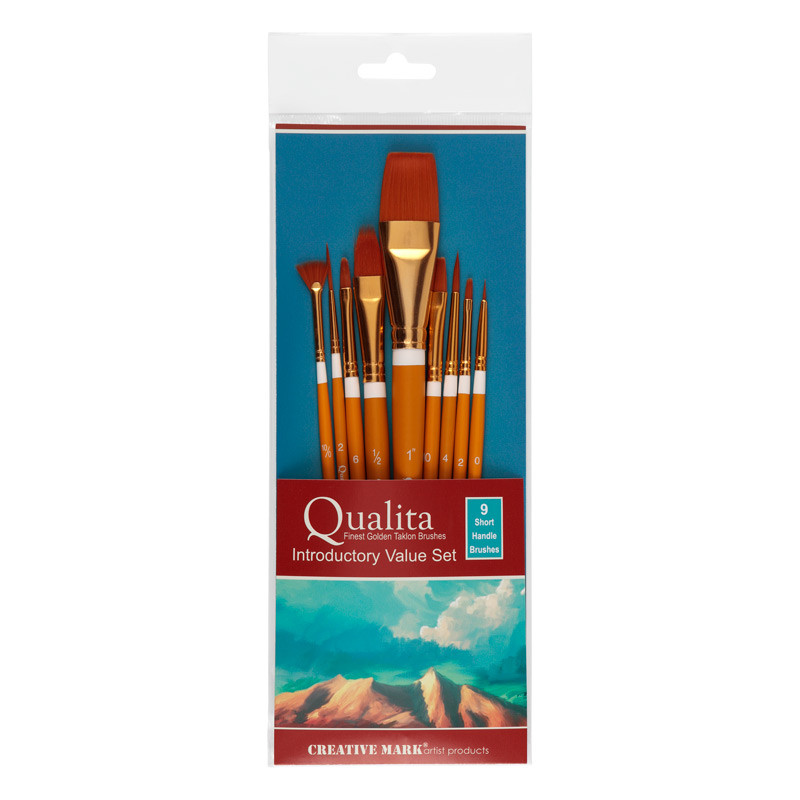 Qualita Golden Taklon Short Handle Brush Introductory Value 9 Set