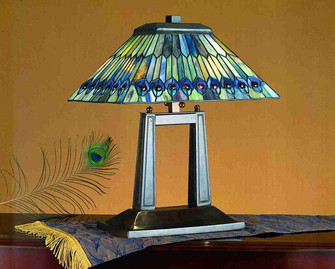 Tiffany Jeweled Peacock Two Light Table Lamp in Antique Copper (57|26300)