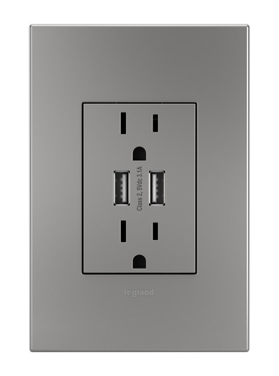 Adorne Dual Usb Plus-Size Outlet Combo With Matching Wall Plate in Magnesium (246|ARTRUSB153M4WP)