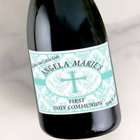 [LR031] Blue Damask Communion Custom Bottle Labels for Champagne, Wine, or Mini Liquor Bottles - perfect for table decorations