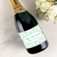 [L672] Mint Green Damask Wedding Label - champagne bottle - lifestyle photo 