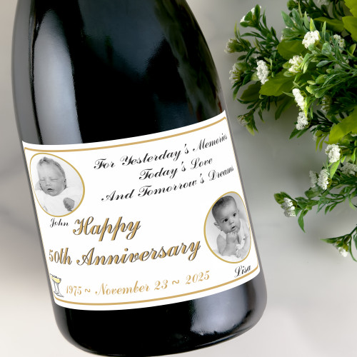 [LA12] Double Photo Anniversary Label Custom Bottle Labels for Champagne, Wine, or Mini Liquor Bottles - perfect for table decorations