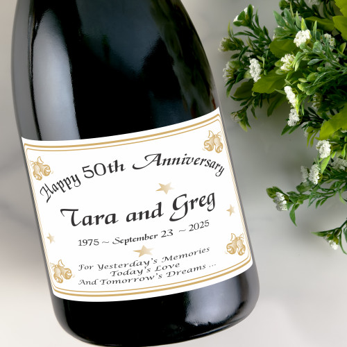 [LA13] Golden Anniversary Bells Label Custom Bottle Labels for Champagne, Wine, or Mini Liquor Bottles - perfect for table decorations