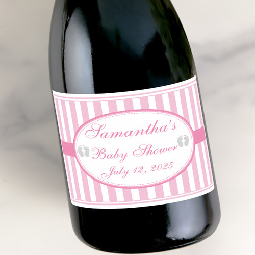 [LS41] Baby Shower Pink Stripes Custom Bottle Labels for Champagne, Wine, or Mini Liquor Bottles - perfect for table decorations