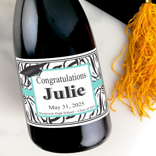 [LG24] Tiffany Zebra Graduation Custom Bottle Labels for Champagne, Wine, or Mini Liquor Bottles - perfect for table decorations