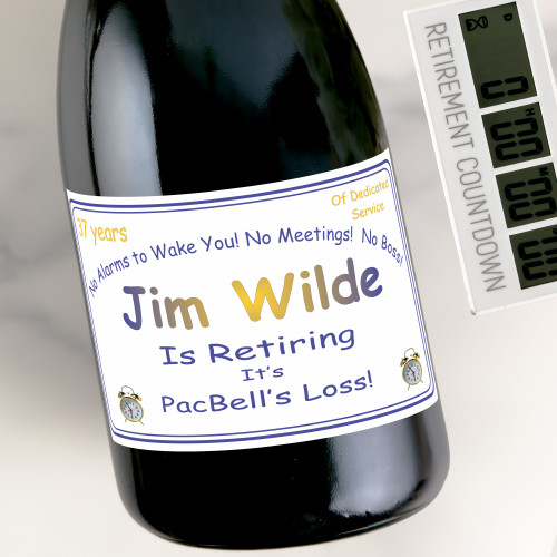 [LT15] Retirement Clock Custom Bottle Labels for Champagne, Wine, or Mini Liquor Bottles - perfect for table decorations
