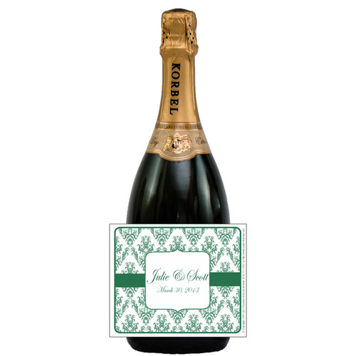 [L647] Green Damask Wedding Label - champagne bottle