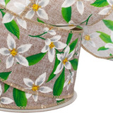 63mm Wired Edge Hessian Ribbon - Floral Harmony (Natural)