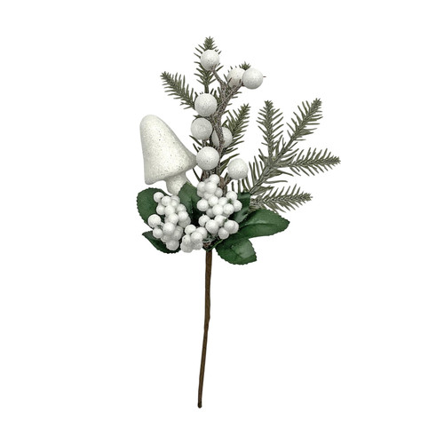 White Glitter Berries & Mushroom Foliage Pick (25cm)